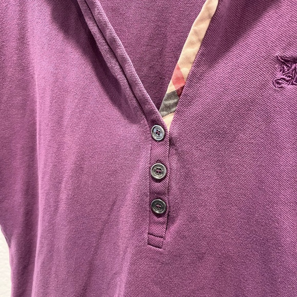 BURBERRY LONDON | Cotton Puff Sleeve Button Down Polo Shirt in Purple | Size S - Picture 4 of 9